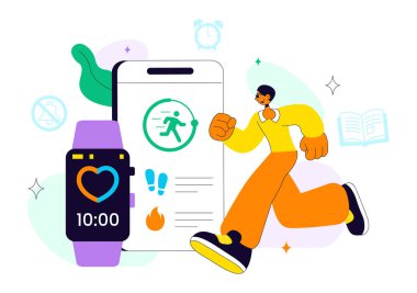 Dijital Refah Yaşam Tarzı Vektör İllüzyonu Sağlıklı Teknoloji Dengesi, Düşünceli Çevrimiçi Alışkanlıklar ve Modern Sağlık Geçmişi