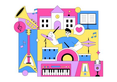 Müzik Okulu İllüstrasyonları Çeşitli Müzik Enstrümanları, Müzik Eğitimi Öğrenme ve Müzisyenler ve Şarkıcılar tarafından Performans Etkinlikleri