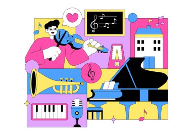 Müzik Okulu İllüstrasyonları Çeşitli Müzik Enstrümanları, Müzik Eğitimi Öğrenme ve Müzisyenler ve Şarkıcılar tarafından Performans Etkinlikleri