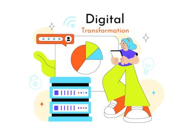 Modern Teknoloji İnovasyonu, İş Büyümesi ve Düz Arkaplandaki Gelecek Bağlantısını içeren Küresel Dijital Dönüşüm Vektörü İllüstrasyonu