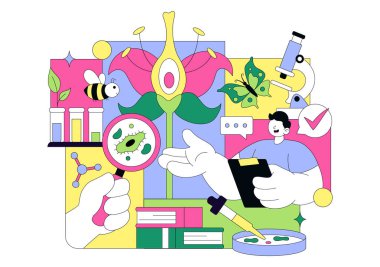 Biyoloji Vektör İllüstrasyonunda DNA, Gene Molekül, Virüs, Genetik Biyoteknoloji, Kimya, Genom ve Flat Tarzı