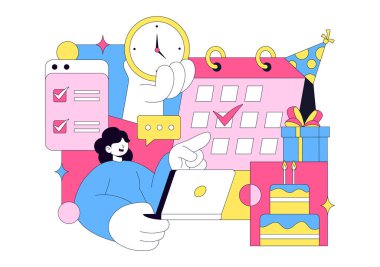 Etkinlik Planlayıcı Vektör İllüstrasyonu Parti Dekorasyonu, Zamanlama, Zaman Yönetimi, İş Gündemi ve Düz Tarzlı Takvim