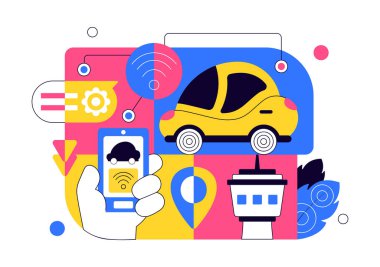 Akıllı Hareketlilik, Otomatik Araçlar ve Düz Arkaplan Altyapısına sahip Kentsel Taşımacılık Sistemi Vektör Resimleri