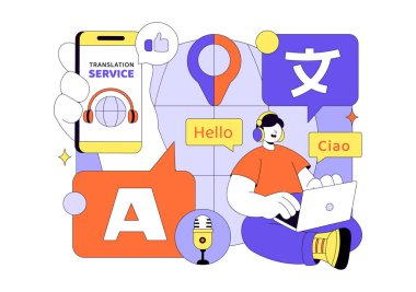 Çevirici Servis Vektörü Resimlendirmesi Çeşitli Ülkeler Arasında Çok Dilli Çeviriyi Düz Çizgi Film Biçiminde Sözlük kullanarak Gösteriyor