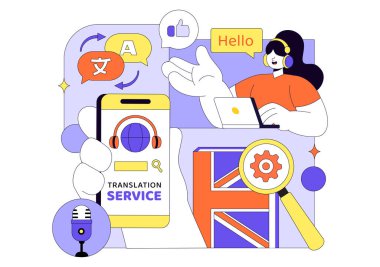 Çevirici Servis Vektörü Resimlendirmesi Çeşitli Ülkeler Arasında Çok Dilli Çeviriyi Düz Çizgi Film Biçiminde Sözlük kullanarak Gösteriyor