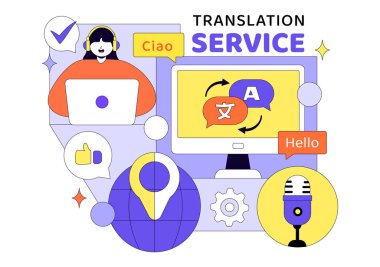Çevirici Servis Vektörü Resimlendirmesi Çeşitli Ülkeler Arasında Çok Dilli Çeviriyi Düz Çizgi Film Biçiminde Sözlük kullanarak Gösteriyor