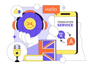Çevirici Servis Vektörü Resimlendirmesi Çeşitli Ülkeler Arasında Çok Dilli Çeviriyi Düz Çizgi Film Biçiminde Sözlük kullanarak Gösteriyor