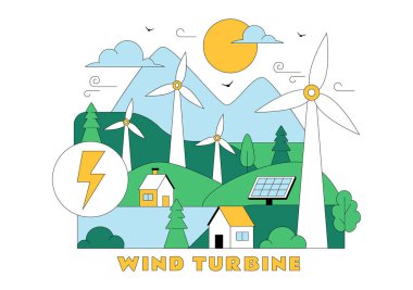 Rüzgar Türbini Vektör Çizimi Yeşil Doğa Manzarası ve Dağ Arkaplanlı Sürdürülebilir Yenilenebilir Enerji Konseptini Gösteriyor