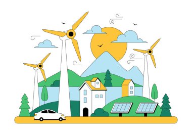 Rüzgar Türbini Vektör Çizimi Yeşil Doğa Manzarası ve Dağ Arkaplanlı Sürdürülebilir Yenilenebilir Enerji Konseptini Gösteriyor