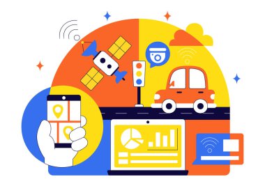 Modern Arkaplanda Şehir Altyapı Ağı ve Dijital Taşımacılık Öngörülen Akıllı Trafik Yönetim Sistemi Teknoloji İllüstrasyonu