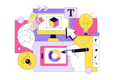 Grafik Tasarımcı Vektör Resimleri Yaratıcılık ve İş Gösterme Tasarım Yazılımını Arkaplanda Çizgi Film ve Canlandırma Projeleri Oluşturmak İçin Kullanıyor