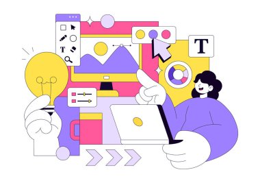 Grafik Tasarımcı Vektör Resimleri Yaratıcılık ve İş Gösterme Tasarım Yazılımını Arkaplanda Çizgi Film ve Canlandırma Projeleri Oluşturmak İçin Kullanıyor