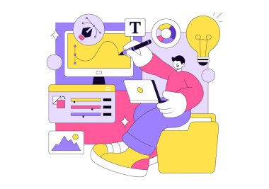 Grafik Tasarımcı Vektör Resimleri Yaratıcılık ve İş Gösterme Tasarım Yazılımını Arkaplanda Çizgi Film ve Canlandırma Projeleri Oluşturmak İçin Kullanıyor