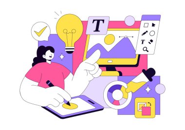 Grafik Tasarımcı Vektör Resimleri Yaratıcılık ve İş Gösterme Tasarım Yazılımını Arkaplanda Çizgi Film ve Canlandırma Projeleri Oluşturmak İçin Kullanıyor