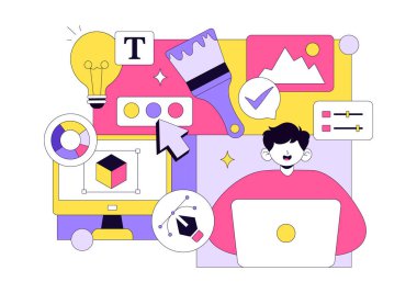 Grafik Tasarımcı Vektör Resimleri Yaratıcılık ve İş Gösterme Tasarım Yazılımını Arkaplanda Çizgi Film ve Canlandırma Projeleri Oluşturmak İçin Kullanıyor