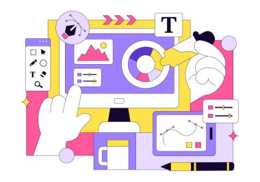 Grafik Tasarımcı Vektör Resimleri Yaratıcılık ve İş Gösterme Tasarım Yazılımını Arkaplanda Çizgi Film ve Canlandırma Projeleri Oluşturmak İçin Kullanıyor