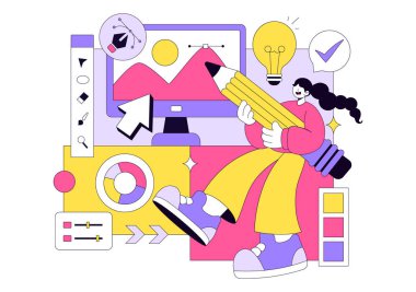 Grafik Tasarımcı Vektör Resimleri Yaratıcılık ve İş Gösterme Tasarım Yazılımını Arkaplanda Çizgi Film ve Canlandırma Projeleri Oluşturmak İçin Kullanıyor