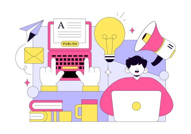 Dijital Yayın Vektörü İllüstrasyonu Blog İçerik Pazarlaması, Çevrimiçi Yayıncılık, Sosyal Medya için Yaratıcı Yazarlık ve Web Sayfası Organizasyonu