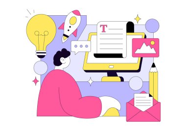 Dijital Yayın Vektörü İllüstrasyonu Blog İçerik Pazarlaması, Çevrimiçi Yayıncılık, Sosyal Medya için Yaratıcı Yazarlık ve Web Sayfası Organizasyonu