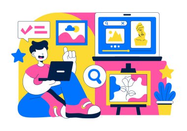 Çevrimiçi Sanat Sergisi Sanal Galeri Dijital Sanat Sanatı Gösterimi İnsanların Yaratıcı Resimleri Dizüstü Bilgisayarla İzlemesi