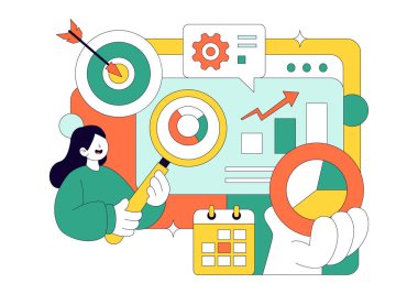 Düz bir arka planda veri istatistikleri oluşturmak için Takım Yönetimi ve Analizleri Özelleştiren Piyasa Araştırması ve Analiz Vektörü İllüzyonu