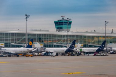Münih, Almanya - 14 Kasım 2024: Münih uluslararası havaalanında apron üzerinde ticari havayolları