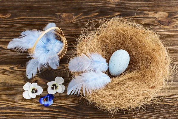 Blauwe ei in een nest met veren — Stockfoto