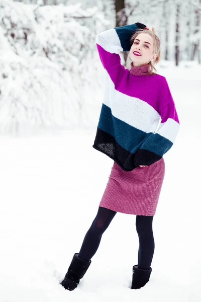 Young Woman Posing Sweater Winter Snowy Park – stockfoto