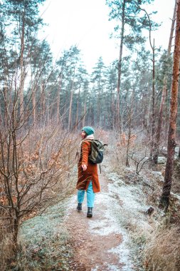 Yürüyüşten hoşlanan bir kadın, aktif ve sağlıklı bir yaşam tarzı, açık havada macera tatili. Kış yolculuğu konsepti.
