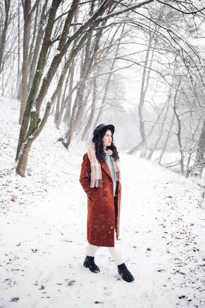Mulher Chapéu Casaco Inverno Moda Queda — Fotografia de Stock