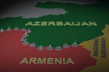 Ermenistan ve Azerbaycan sınırları arasındaki ofis düğmeleri. Karabağ için çatışma kavramı. 3d, illüstrasyon.