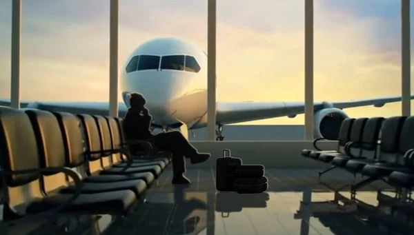 The airport waiting room, a silhouette of a passenger under the window.