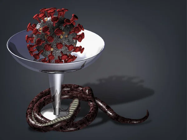 Modelo Del Coronavirus Covid Tazón Médico Con Una Serpiente Muerta —  Fotos de Stock