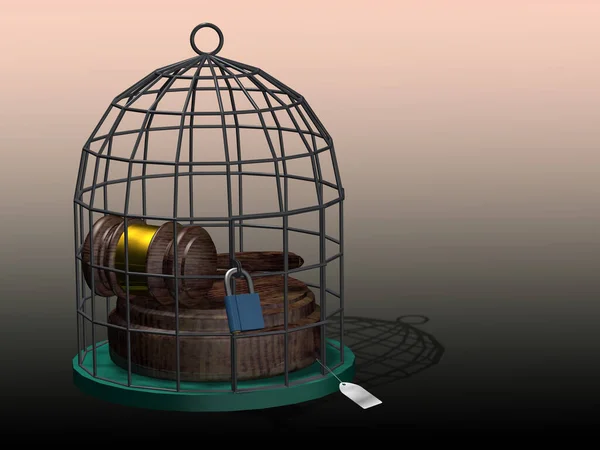 Hammer of justice on a bird cage under lock and key with a price tag. 3D, illustration.