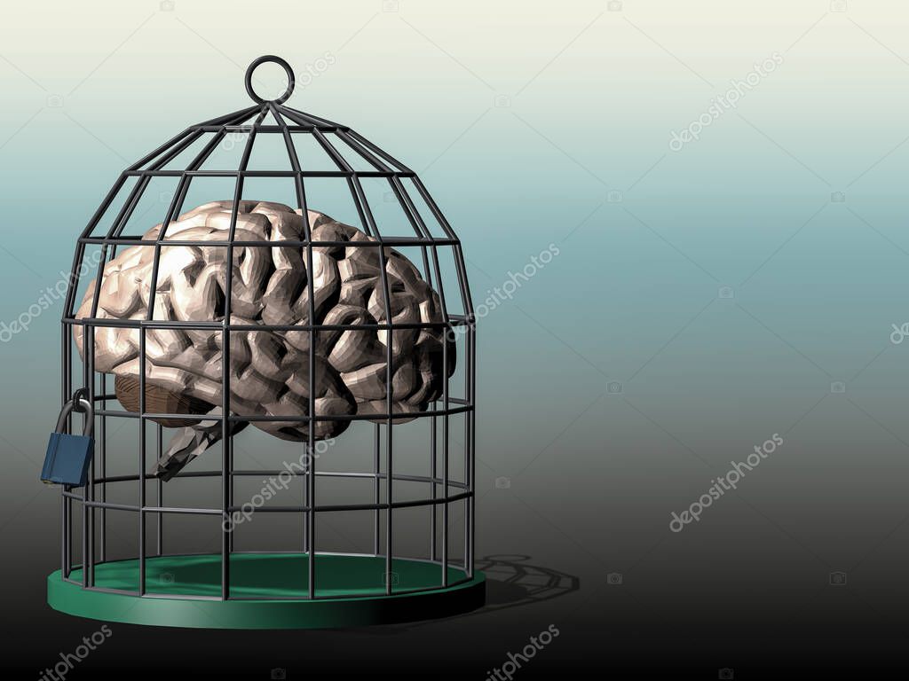 Human brain on a birdcage under lock and key with a price tag. 3D, illustration.