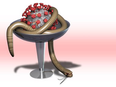 Tıbbi kasede ölü bir yılan ve Covid modeli - 19 Coronavirus Mizahı. 3D, illüstrasyon.