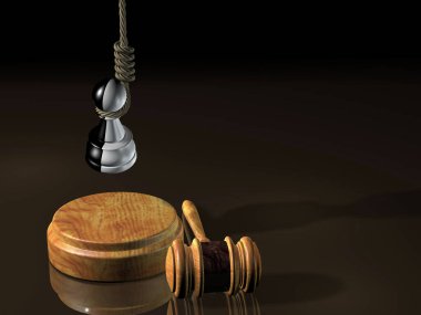 Bir satranç piyonu beyaz arka planda adaletin çekicinin ipinden asılır. 3d oluşturma.