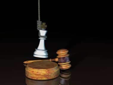  Adaletin çekicinde iple asılmış bir kral. 3d oluşturma