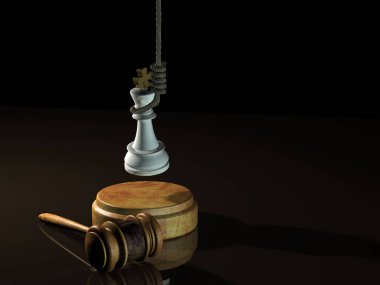  Adaletin çekicinde iple asılmış bir kral. 3d oluşturma