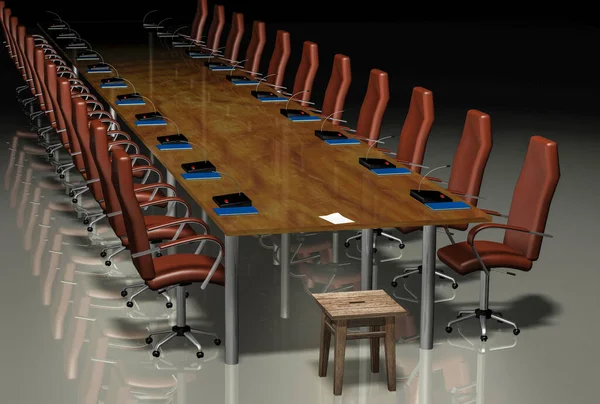 The politicians \' chair is in the same row at the table, and in front of them is an old stool. 3d rendering.
