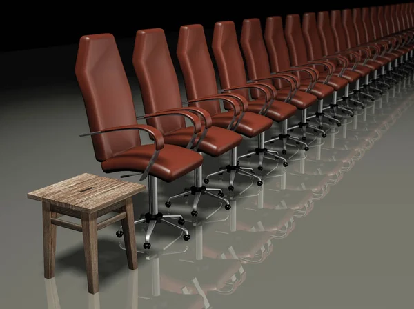 The politicians \' chair is in the same row at the table, and in front of them is an old stool. 3d rendering.