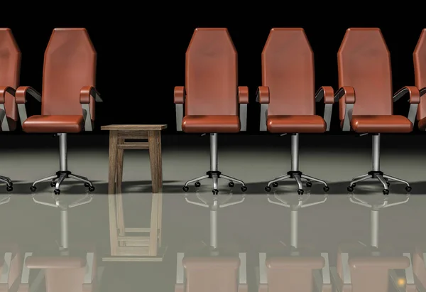 The politicians \' chair is in the same row at the table, and in front of them is an old stool. 3d rendering.