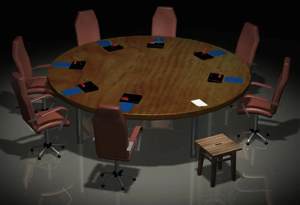 A round table, rich chairs, microphones, a piece of paper, and an old stool. 3d rendering.