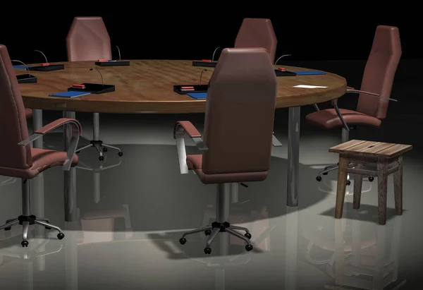 A round table, rich chairs, microphones, a piece of paper, and an old stool. 3d rendering.