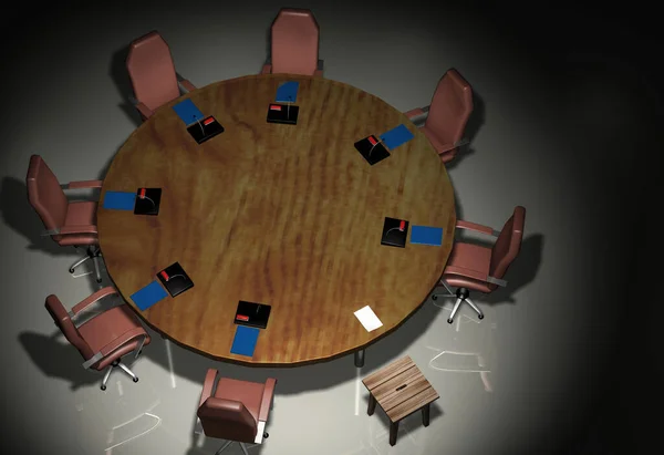 A round table, rich chairs, microphones, a piece of paper, and an old stool. 3d rendering.