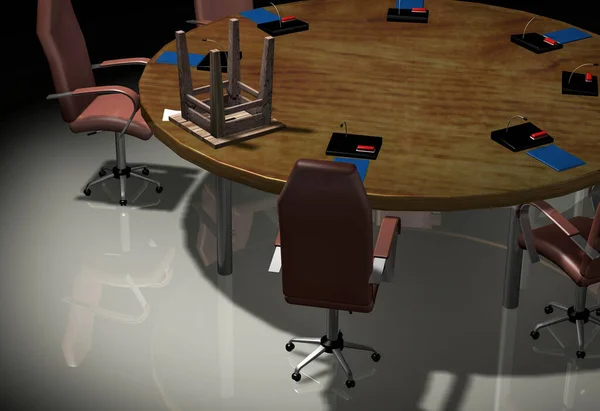 A round table, rich armchairs, and an old stool upside down. 3d rendering.