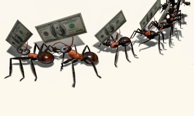 Amerikan dolarlarını sürükleyen karıncalar yapmak. 3d görüntüleme, illüstrasyon