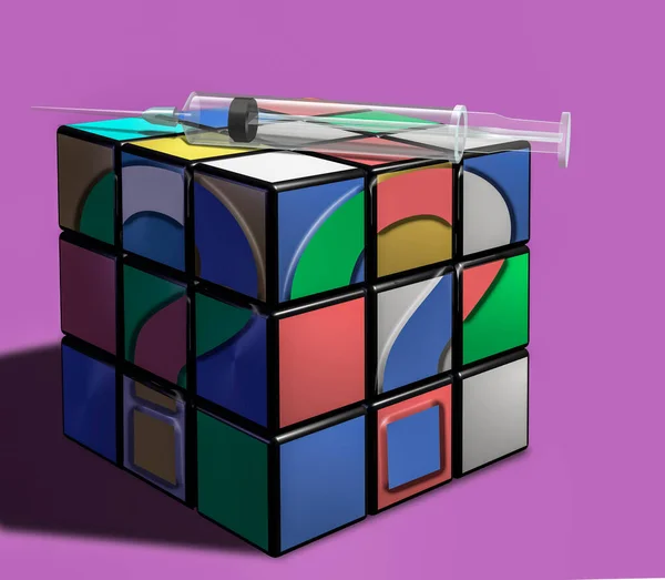 Cubo Rubik Rompecabezas Con Textura Signo Interrogación Renderizado — Foto de Stock