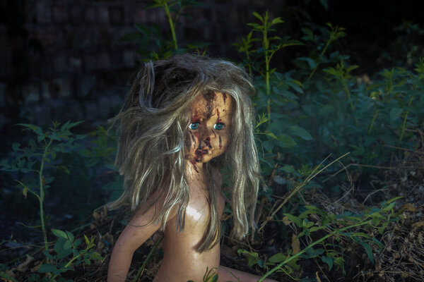 Лицо обреченной, окровавленной куклы на открытом воздухе.