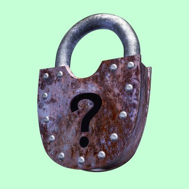Üç boyutlu asma kilit, soru işareti, şüphe taşıma, kısıtlı bilgi veya giriş sorunları. Dijital güvenlik görselleri için minimal ve modern konsept.